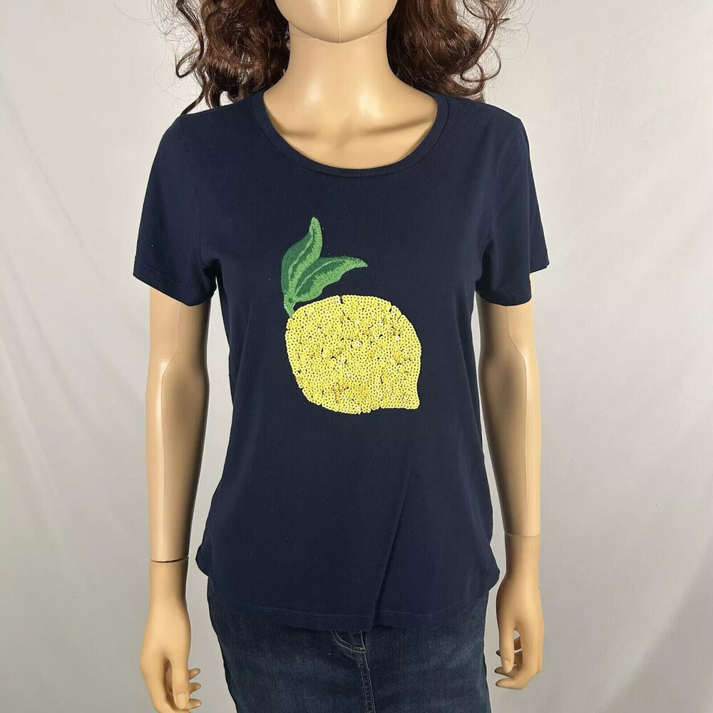 J Crew Women Collector Tee Navy Yellow Lemon Short Sleeve Top T Shirt Siz Medium